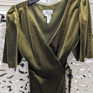 Moss Green Velvet Wrap dress with Flutter Sleeves